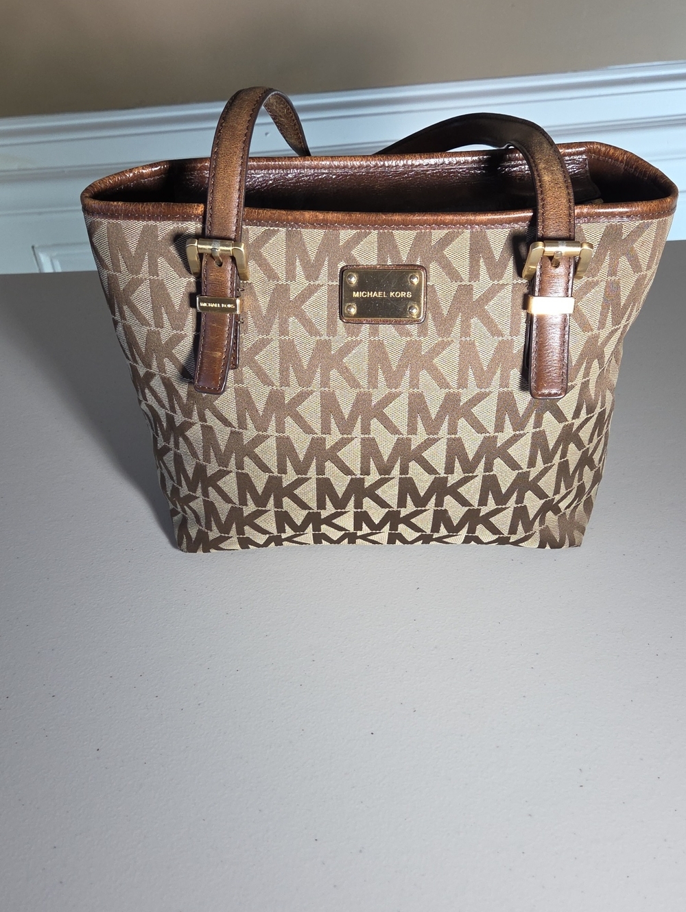 Michael Kors Tan and Brown MK Logo Mini Tote